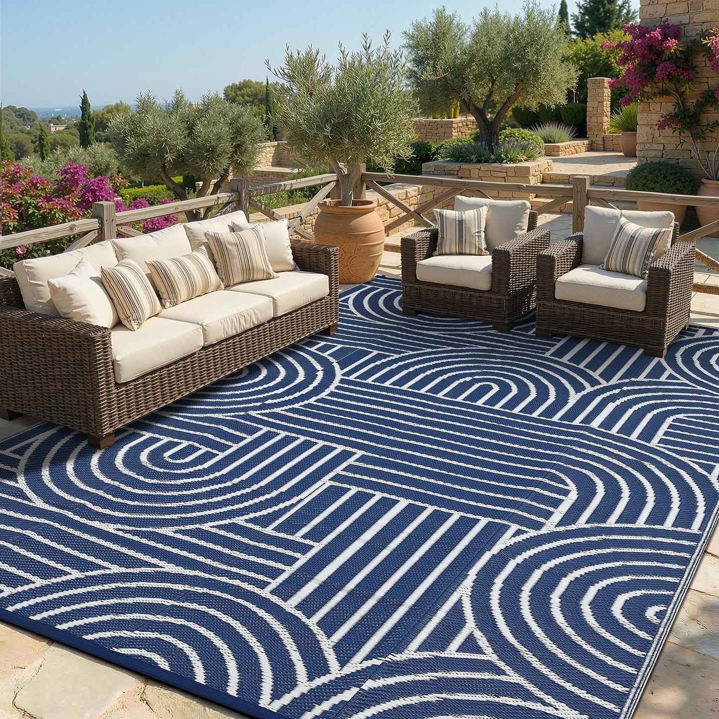 Garvee Reversible Rainbow Outdoor Rug 6x9, Waterproof Outdoor Plastic Straw Rug, RV Mat for Picnics, Patio, Camping, Balcony, Deck, Backyard, Porch, Blue