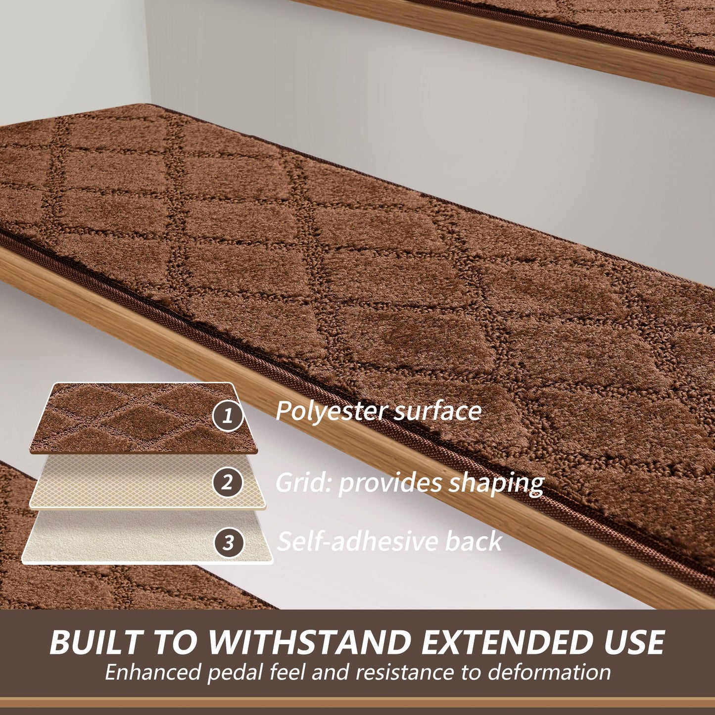 JOYKISS 9"x30" Stair Treads for Wooden Steps Indoor, 2Pcs Non Slip Peel and Stick Carpet Stair Treads, Washable & Reusable Self Adhesive Stair Runner Rug for Kids Elders Pets - Brown