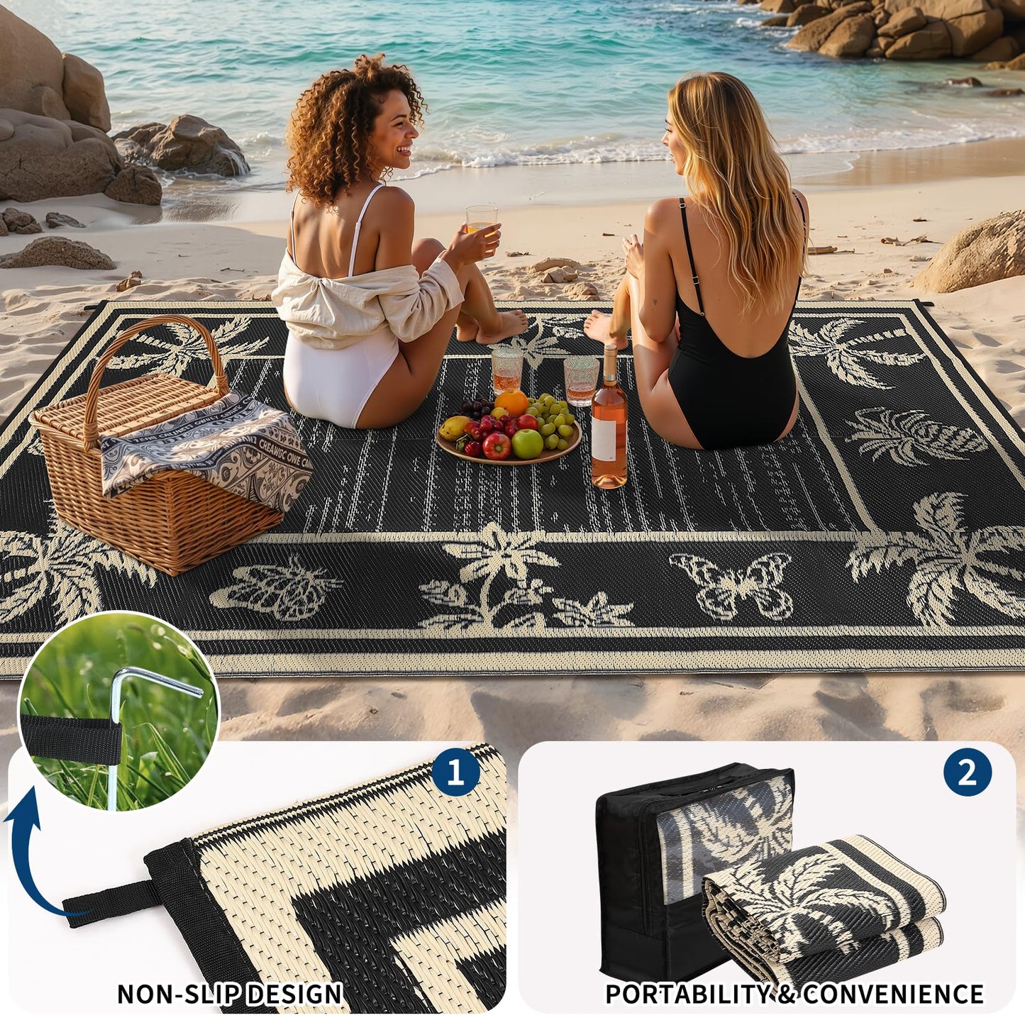 Garvee Outdoor Rug 5x8 Waterproof for Patios, Reversible Plastic Straw Rug, Tropical Leaf Indoor Outdoor Rugs, Large Area Rug for RV, Camping, Deck, Picnic Mat, Outside Carpet, Black & Brown