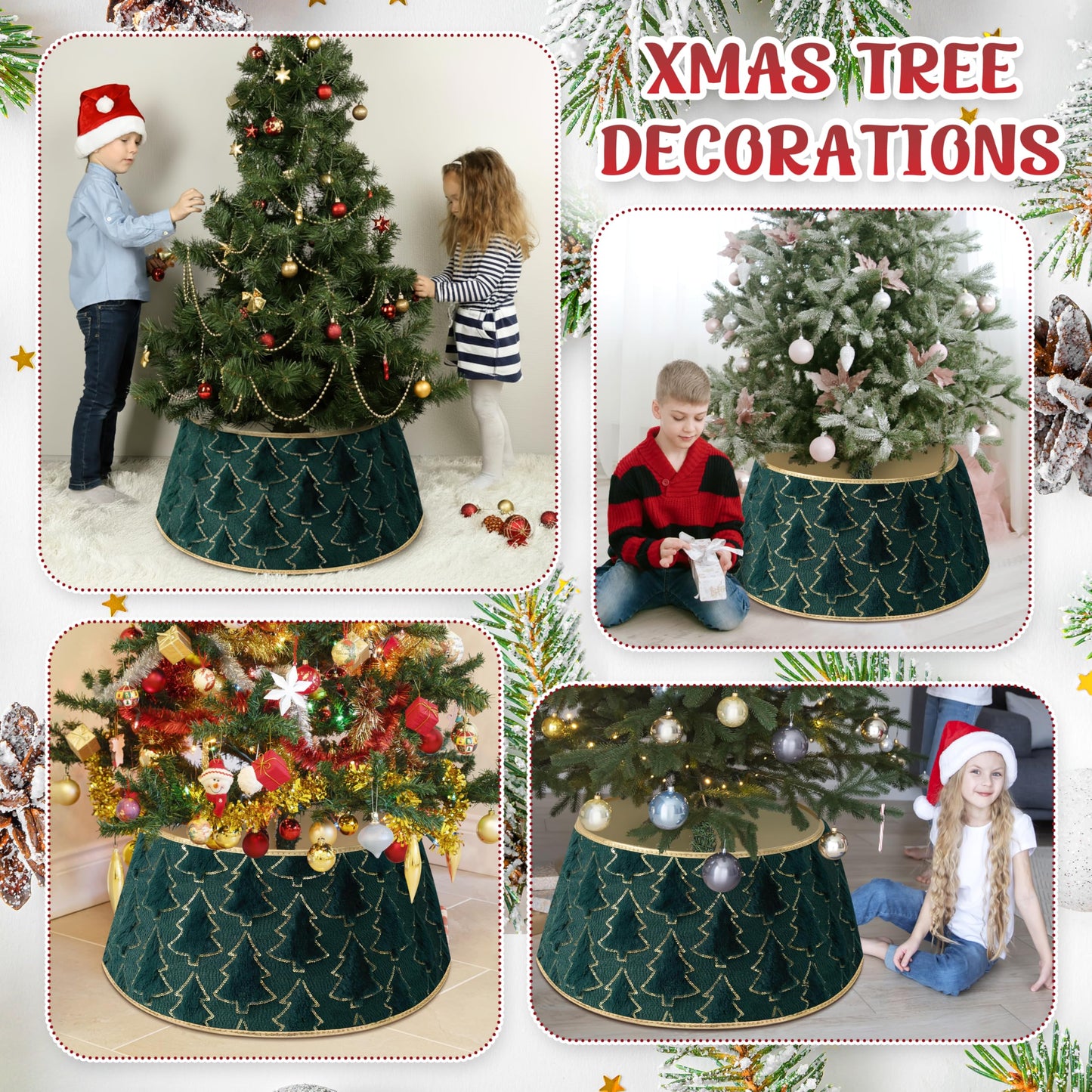 Faux Plush Christmas Tree Collar,Rustic Farmhouse Tree Skirt Ring with Xmas Tree Textured Pattern for Holiday Christmas Indoor Home Decor（Green）