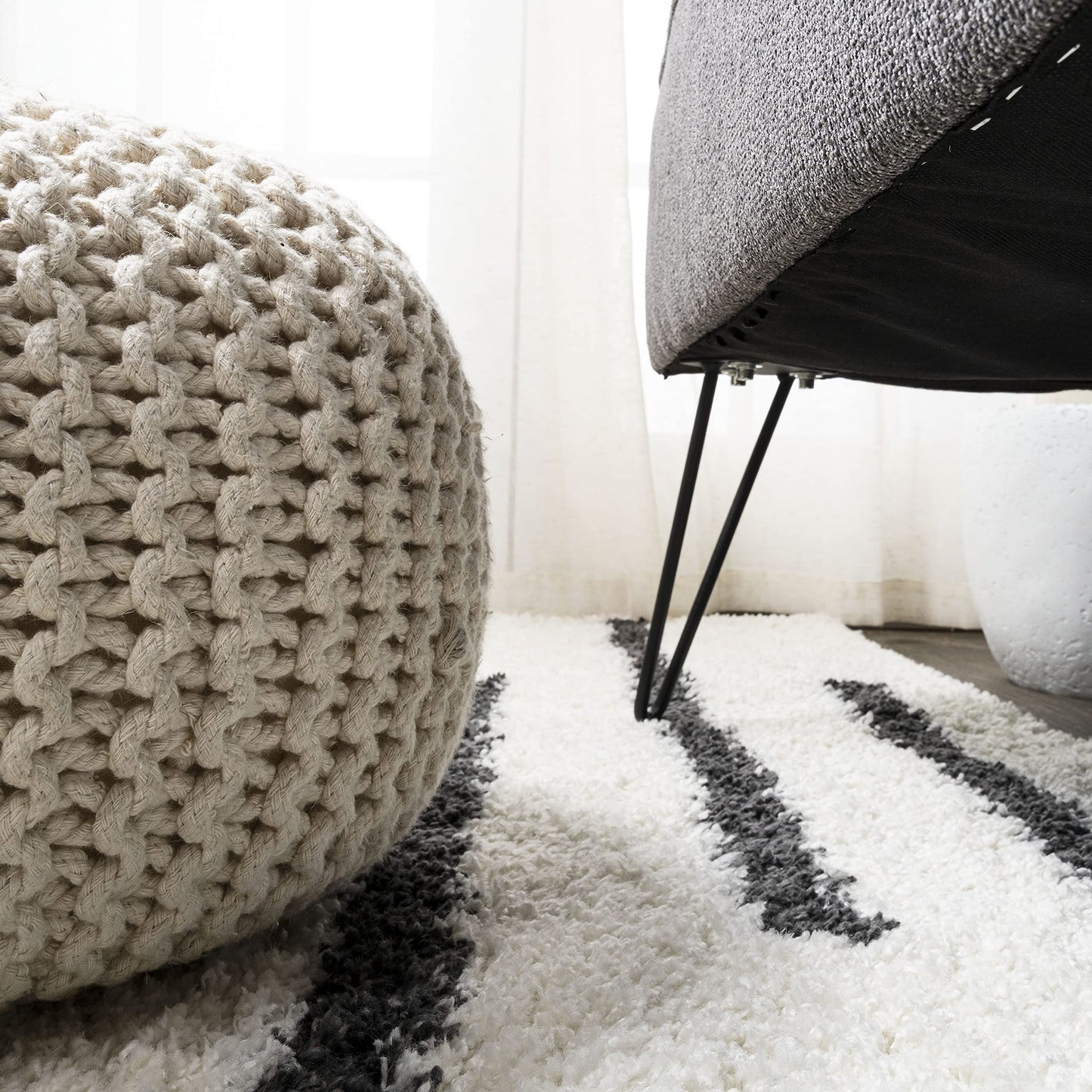 JONATHAN Y Alaro Berber Stripe Shag White/Gray Runner Rug, 2x10, Bohemian, Contemporary, Easy-Cleaning for Living Room, Bedroom, Kitchen, Pet Friendly, Non-Shedding (MOH402A-210)