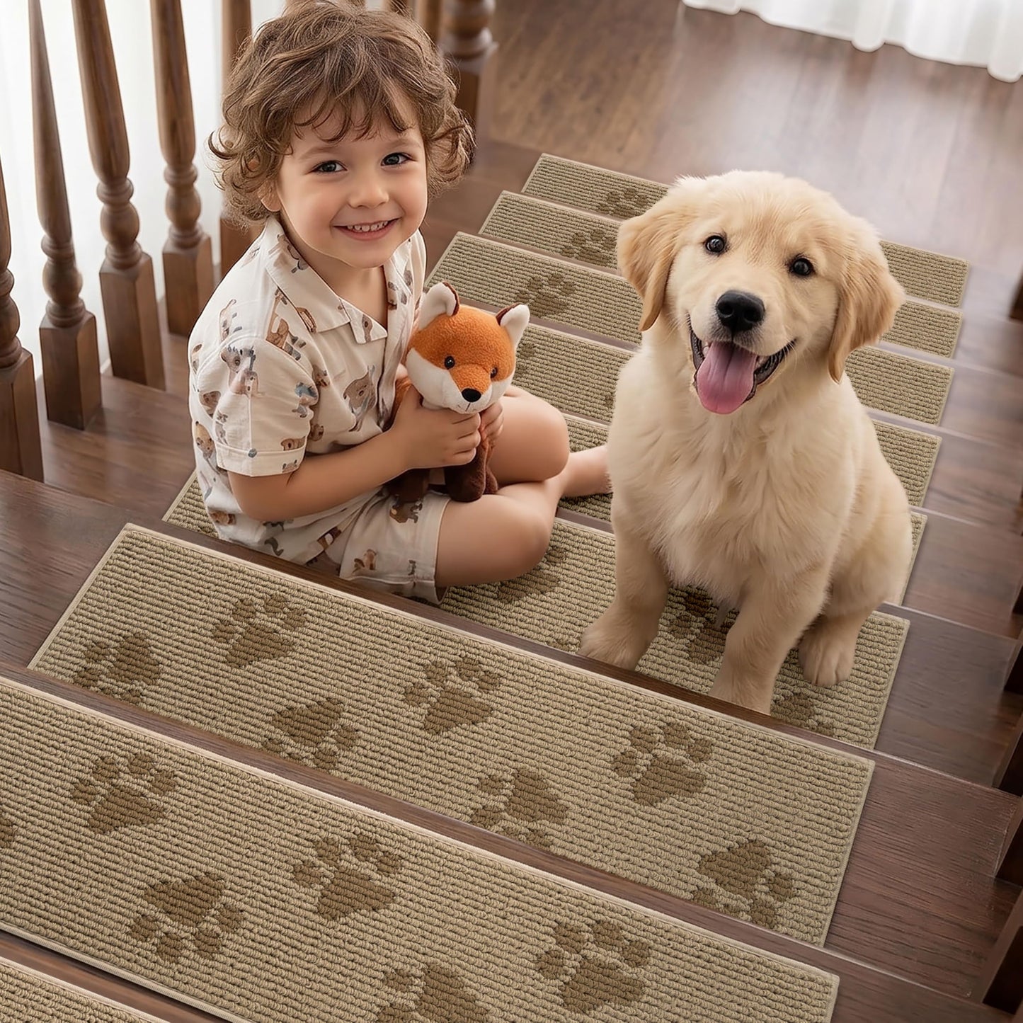 DEXDE Stair Treads for Wooden Steps Non-Slip 15pcs, 30"x8" Washable Stair Runners with Cat Paw Pattern, Non-Skid Safety Carpet Mats for Dogs and Kids, Reusable Indoor Stair Rugs for Home, Beige