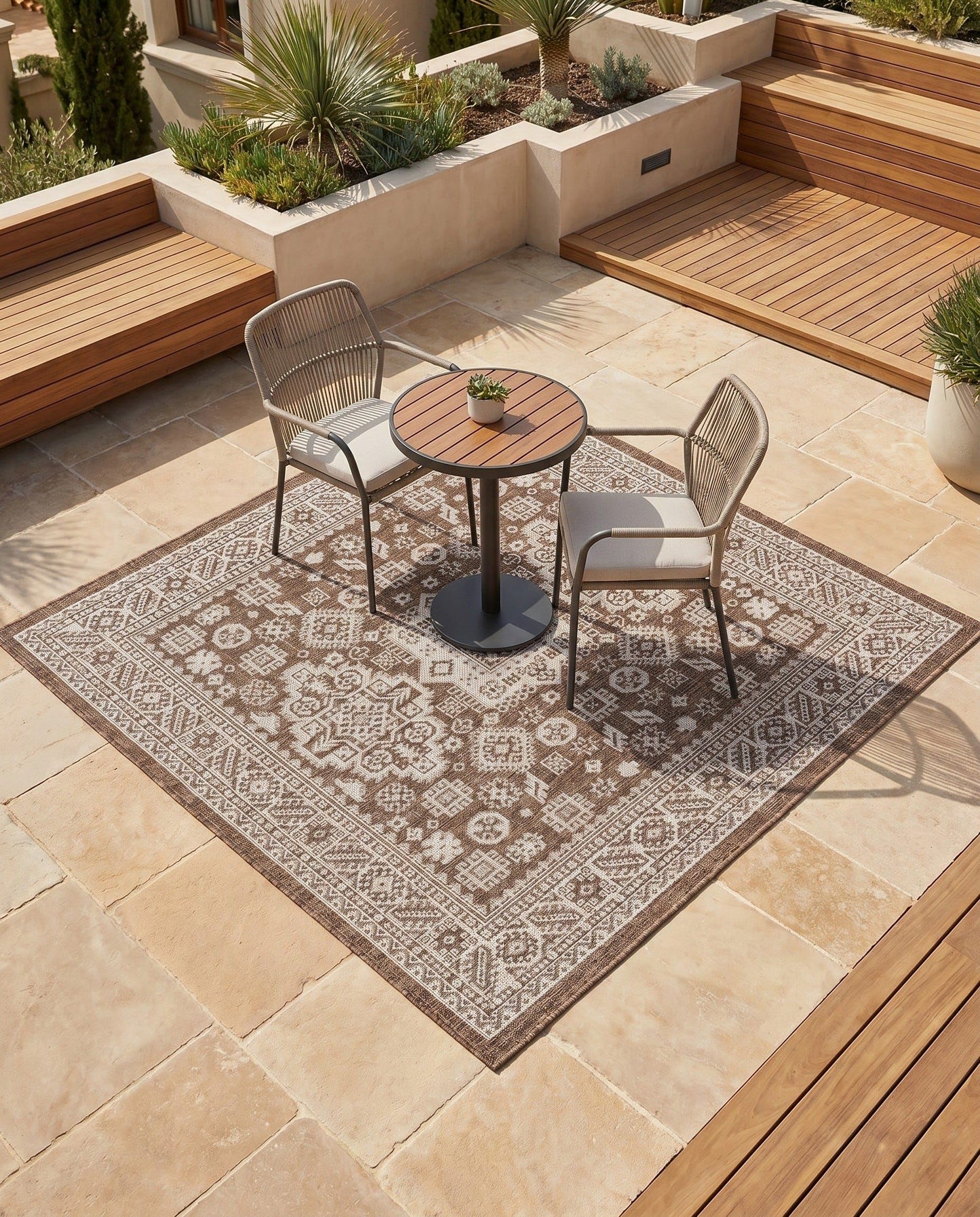 Rugs.com - Outdoor Aztec Rug – 5 Ft Square Brown Indoor/Outdoor Rug – Durable, Easy-Clean, Perfect for Patios and Porches
