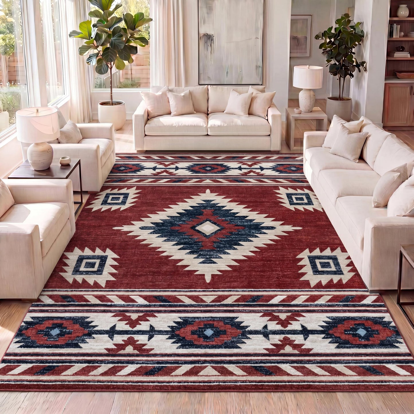 JONATHAN Y Medallion Southwestern Indoor Area Rug 4X6 Red/Navy/Cream, Serape for Living Room, Bedroom, Kitchen, Office, Easy-Cleaning, High Traffic, Pet-Friendly, Non-Shedding SWC100A-4