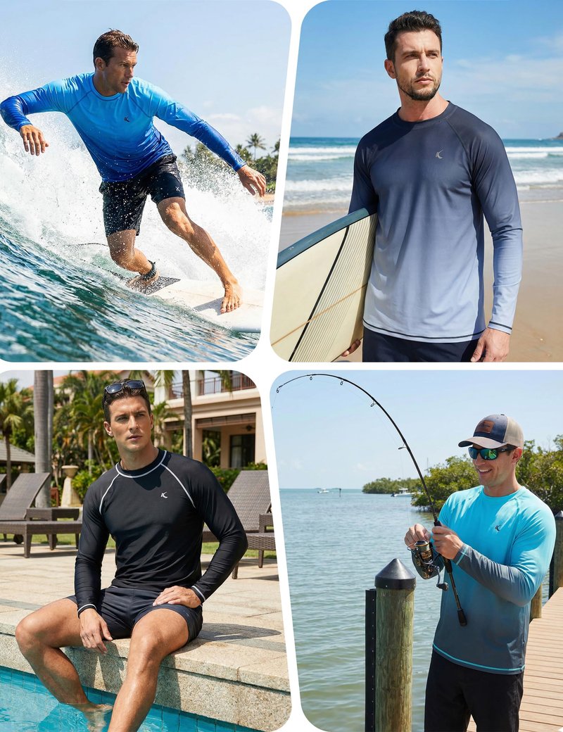 Mens Rash Guard UPF 50+ Swim Shirts UV Sun Protection T-Shirt Quick Dry Long Sleeve Beach Shirts for Fishing, White, L