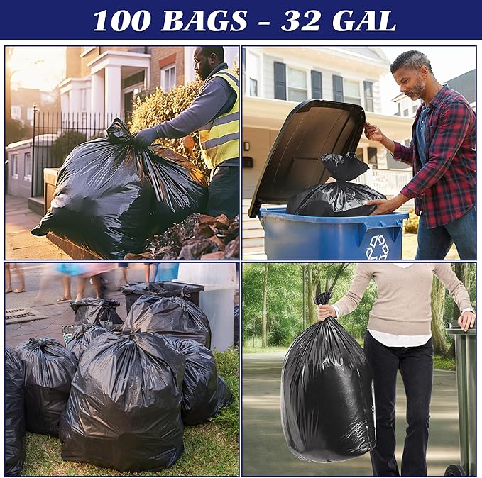 30-33 Gallon 100 Counts Large Trash Bags w/Ties Black Garbage Bags, Large Trash