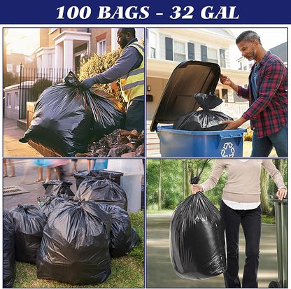 30-33 Gallon 100 Counts Large Trash Bags w/Ties Black Garbage Bags, Large Trash