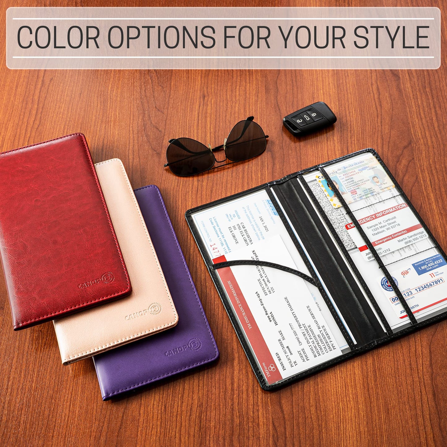 CANOPUS Car Registration and Insurance Holder, PU Leather Card Holder, Vehicle Glove Box Organizer for Auto, SUV, Truck, Red