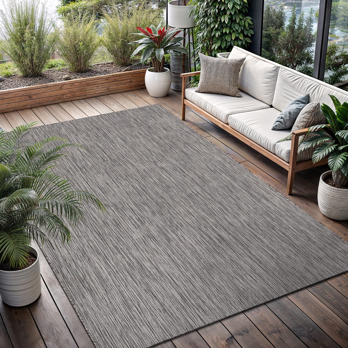 Washable Indoor Outdoor Rug 5x7 Weather Resistant Area Rugs Modern Solid for Porch Deck Balcony Backyard Patio Outside Carpet (5 X 7 Silver Grey)