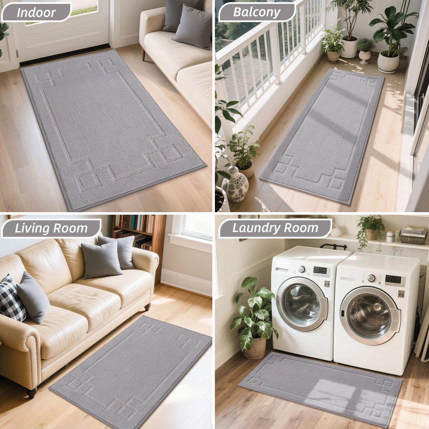 BEQHAUSE Door Mat 24" x 36", Non-Slip Door Mats Indoor Entryway Rugs Washable Low-Profile Absorbent and Dirt Trapper Floor Mats, Dog Door Mat for Front Back Door, Mud Wet Shoes & Paws, Light Grey