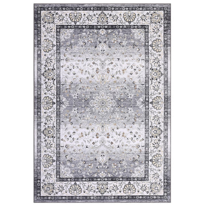 GarveeHome Washable Vintage Boho Floral Gray Rug - 5'x7' Soft Faux Wool Low Pile Stain Resistant Carpet for Living Room, Bedroom, Office, Nursery, Dining Room