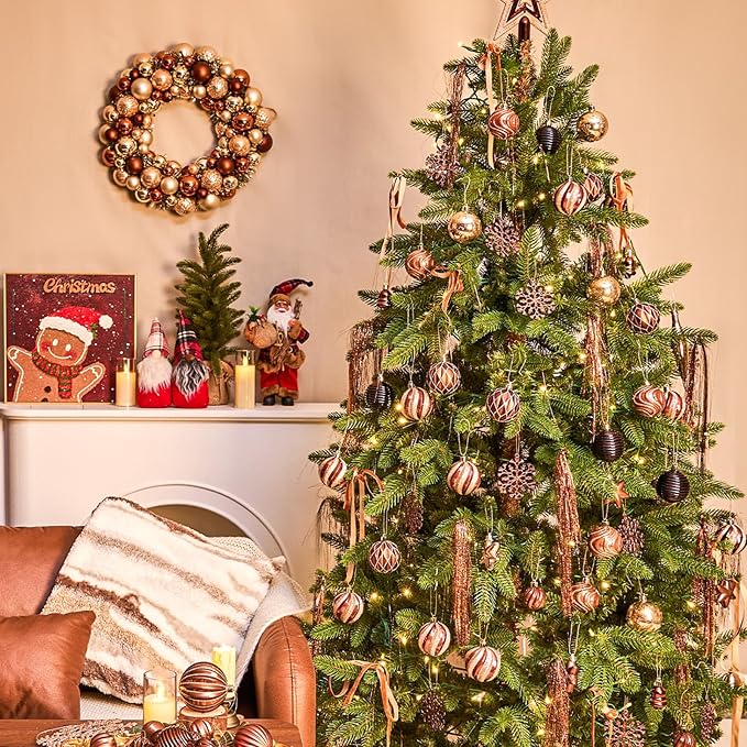 JORNOY Christmas Balls Ornaments, 30ct Shatterproof Xmas Tree Decorations, Hanging Bulbs Baubles Set with String for Holiday Home Party Decor, 2.36 inch/60mm, Brown Gold