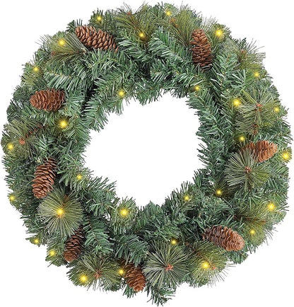 FR Artificial Pre-Lit Fir Christmas Wreath Holiday Accent Decoration, Wintry Pine, Decorated with Pine Cones, with LED Lights Battery Operated for Door, Mantel - 20 Inch