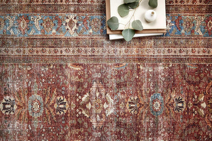 Loloi Layla Collection LAY-01 Brick/Blue 7'-6" x 9'-6" .13" Thick Area Rug, Soft, Durable, Vintage Inspired, Distressed, Low Pile, Non-Shedding, Easy Clean, Printed, Living Room Rug
