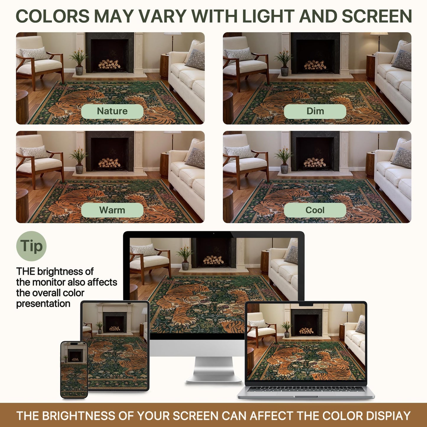 Bavni Tiger 2x6 Washable Runner Rug Non Slip, Boho Vintage Oriental Hallway Runner, Low Pile Soft Green Carpet Stain Resistant, Botanical Animal Kitchen Runner Rugs for Entryway Bedroom Laundry