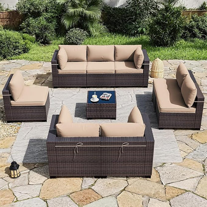 ALAULM 9 Pieces Patio Furniture Set Outdoor Sectional Sofa Sets Brown PE Rattan Patio Conversation Sets w/8 Sand Seat Cushions and 1 Coffee Table