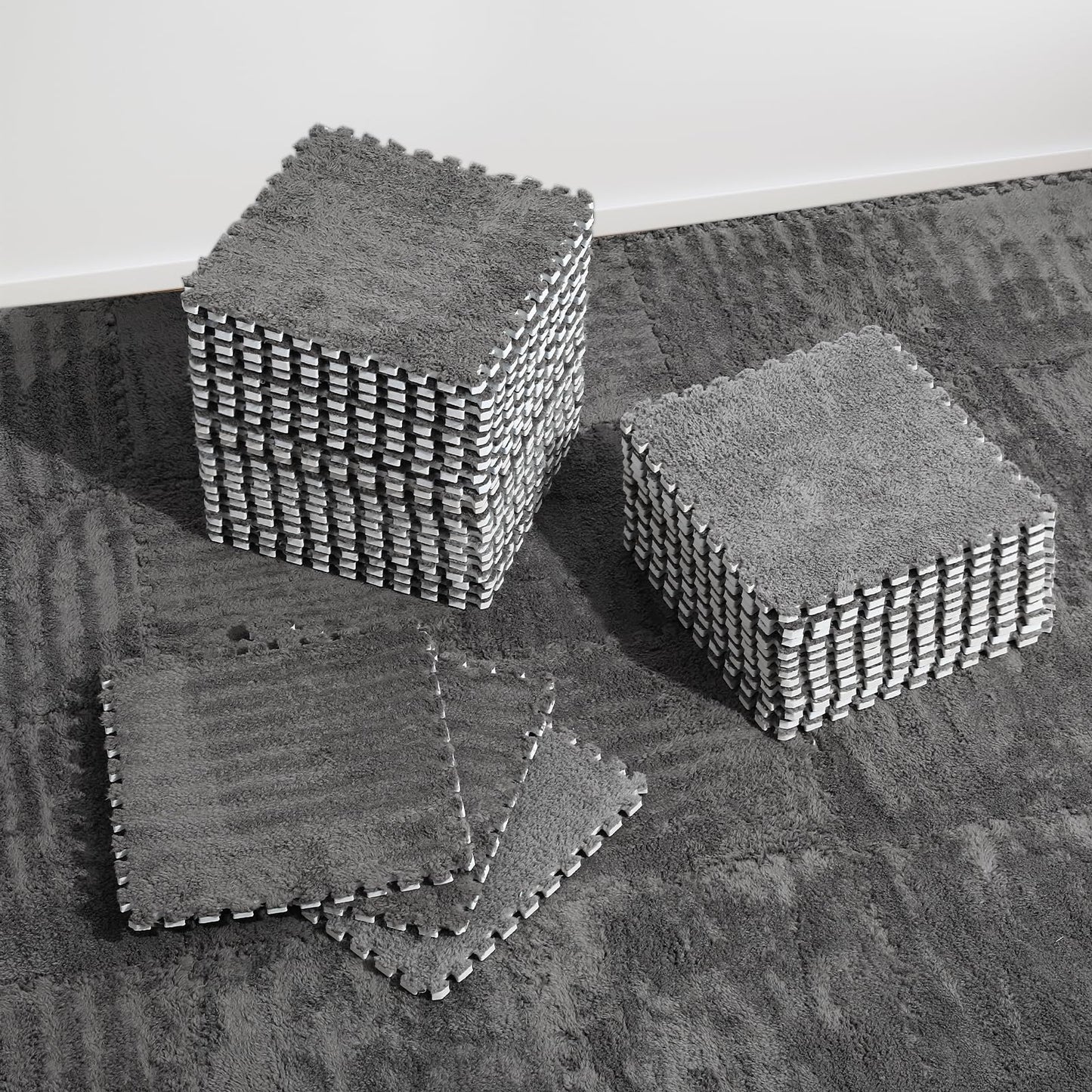 36 Pcs Plush Interlocking Carpet Tiles, Non-Toxic Shaggy Foam Carpet Tiles for Toddler Baby, Anti-Slip, EVA Foam Interlocking Tiles for Floor, Nursery, Playroom, Grey