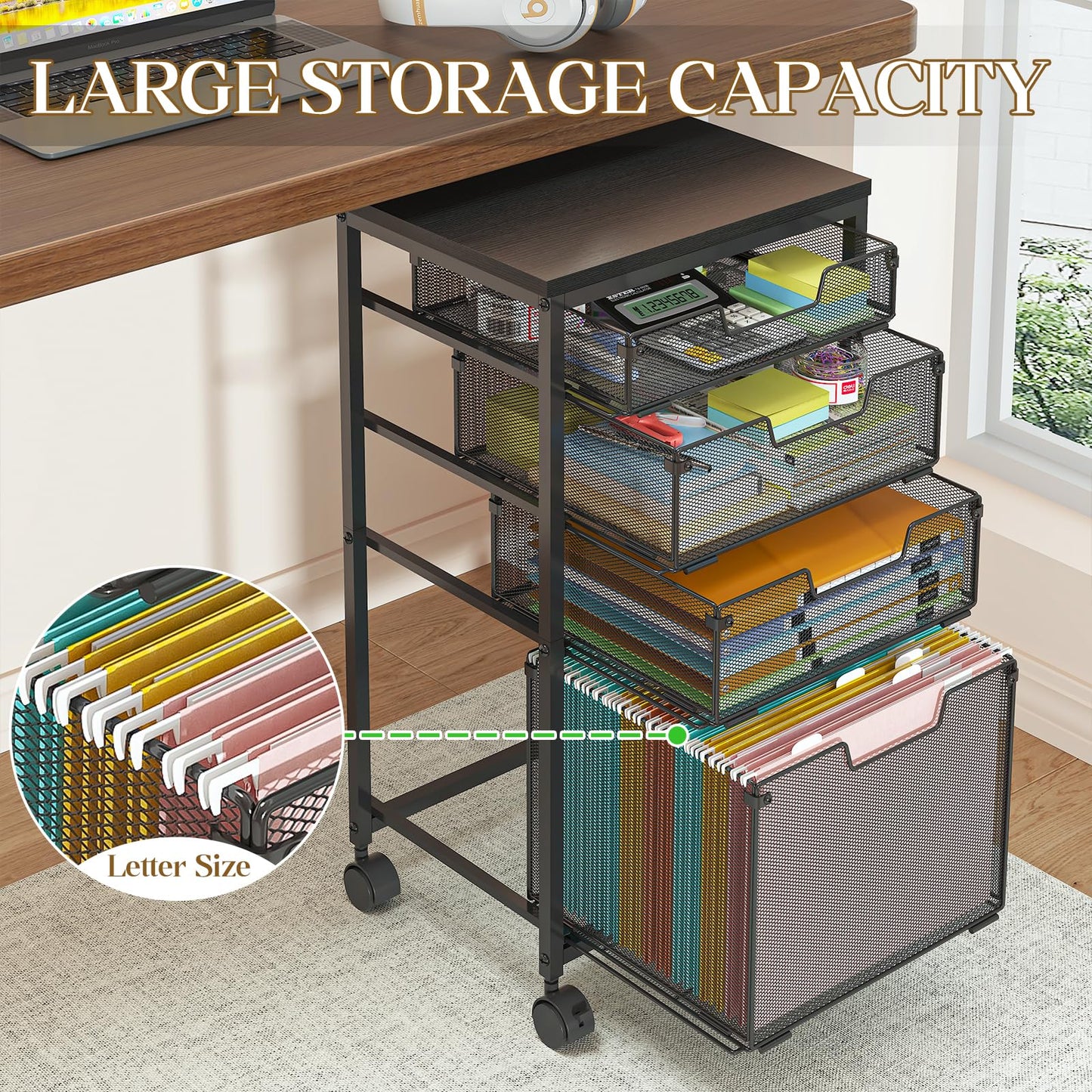 Sbanmao Rolling File Cart with 4 Storage Drawers, Mobile File Cabinet with Wheels, Hanging File Organizer, Under Desk Printer Stand Utility Cart Filing Cabinet for Home Office, Black