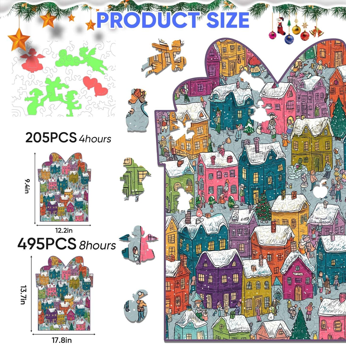 Mocfesk Winter Wooden Puzzles for Adults and Kids, 205 Pieces Holiday Snow Building Jigsaw Puzzles, Unique Shaped Christmas Wood Puzzles Gifts for Grandkids, Family Game Home Decor 9.4'' x 12.2''
