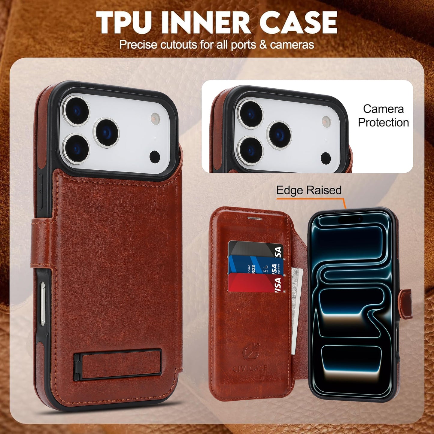 CIVICASE for iPhone 17 Pro Max Wallet Case with Stand,PU Leather Flip Credit Card Holder Slots (RFID Blocking),Compatible with Magsafe Magnetic Holder Phone Cover Women Men,Dark Brown