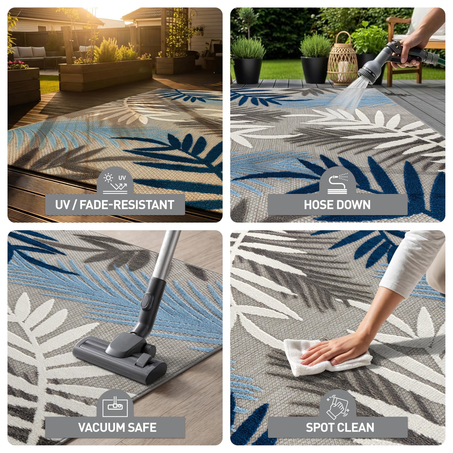 Rugshop Blue Palm Frond Indoor/Outdoor Oval Area Rug Easy Cleaning for Patio, Deck and Living Room, 5' x 7' Oval