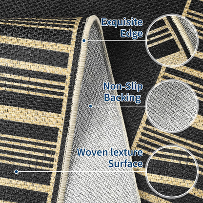 GarveeHome Striped Border Outdoor Rug 5x7 Area Rugs, Washable Rugs for Living Room Non Slip, Farmhouse Neutral Patio Carpet for Backyard Dining Room Balcony,Black