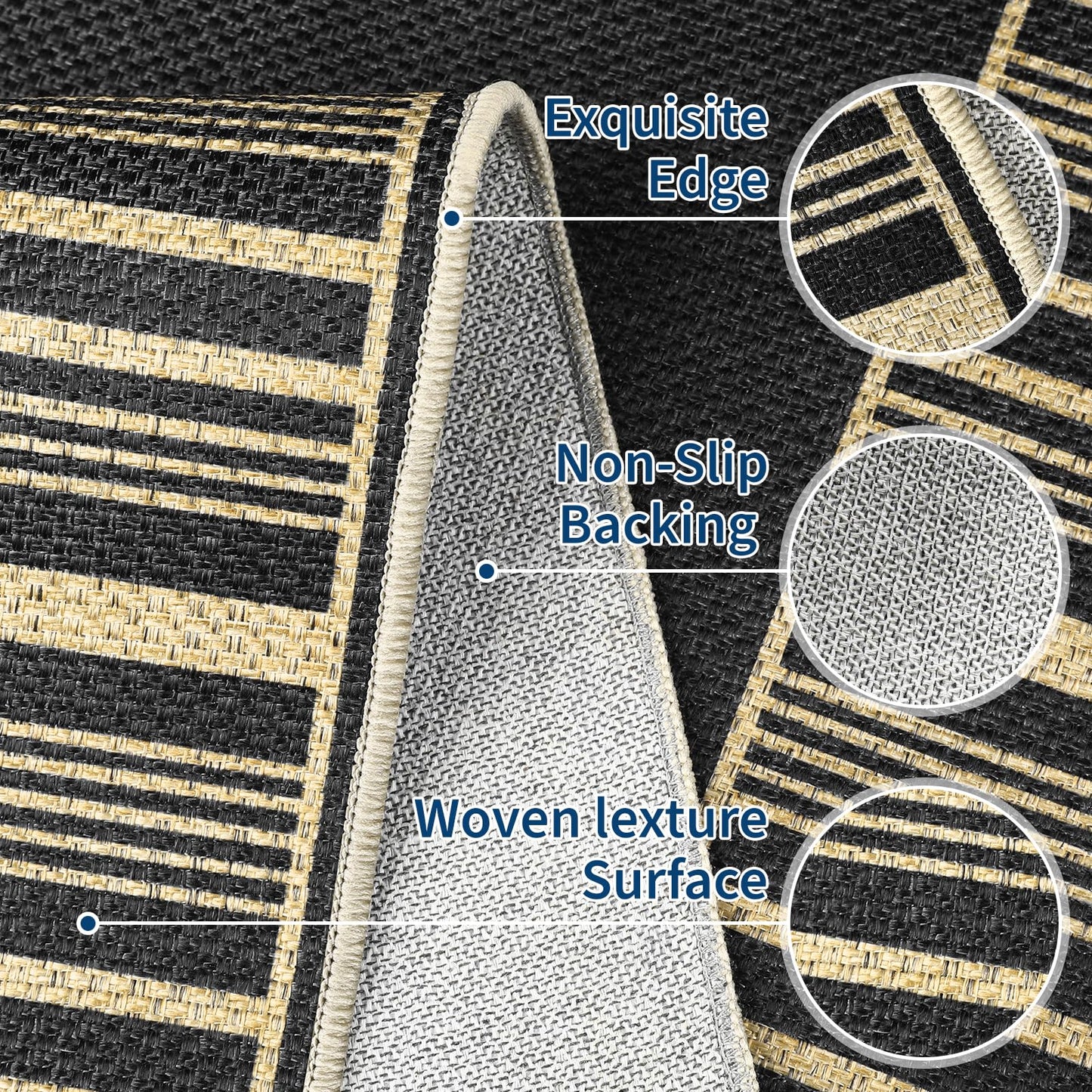 COZYLOOM 8x10 Easy Jute Outdoor Patio Rug Washable Living Room Rug with Rubber Backing, Stain Resistant Neutral Striped Border Rugs Non Shedding Foldable Mats for Bedroom, Dining Room, Backyard, Black