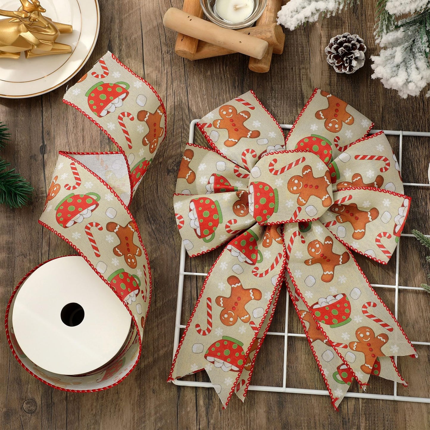 JarThenaAMCS Christmas Wired Edge Ribbon Gingerbread Candy Cane Craft Ribbon 2.5 Inch x 12 Yard Xmas Winter Fabric Ribbons for Wreath Bow DIY Wrapping Party Decor