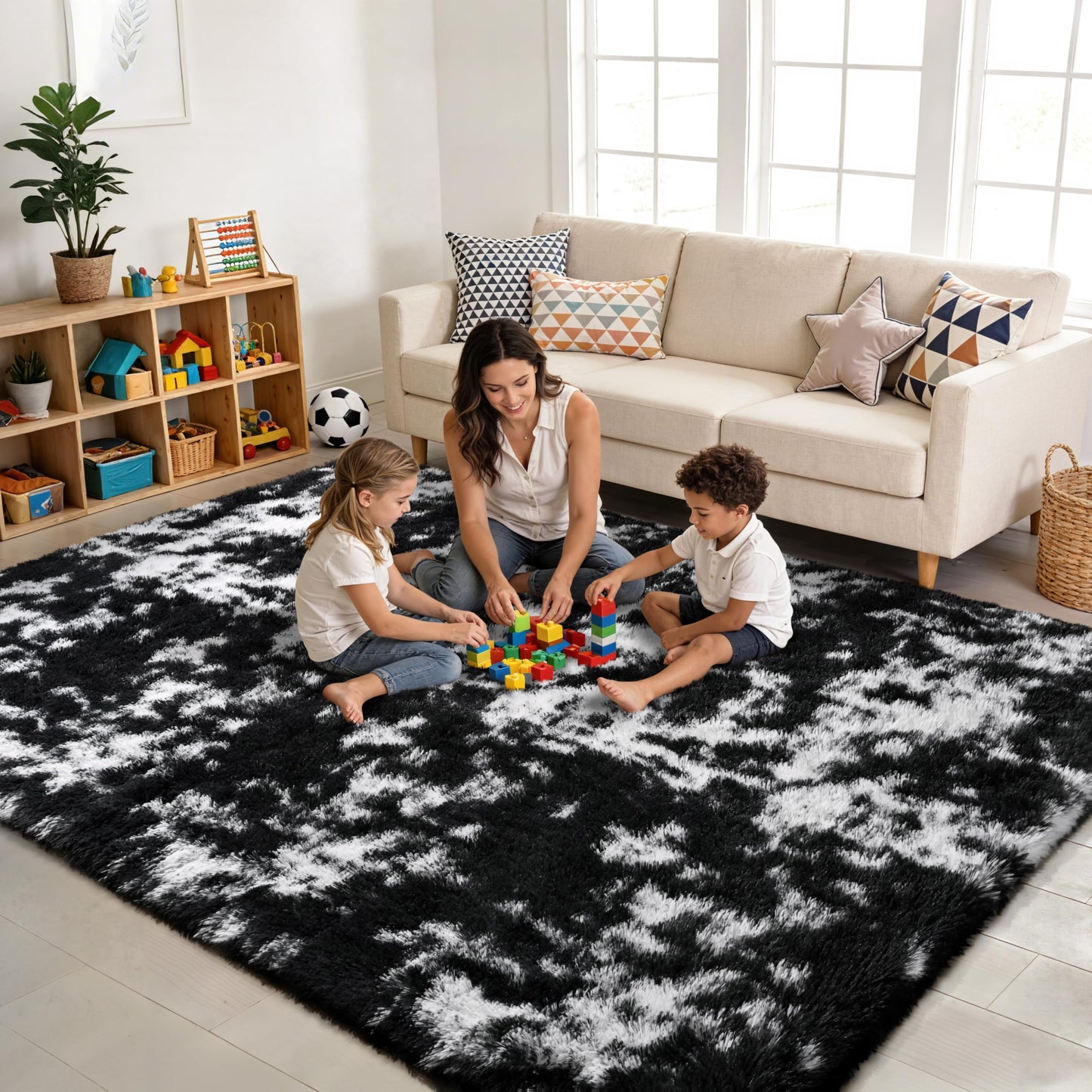 KIXINWA Rug for Bedroom, 4x6 Area Rug for Living Room, Fluffy Carpet for Kids Nursery Dorm Room, Soft Shag Non Slip Floor Rugs, Home Décor Carpet, Machine Washable, Tie-Dyed Black and White