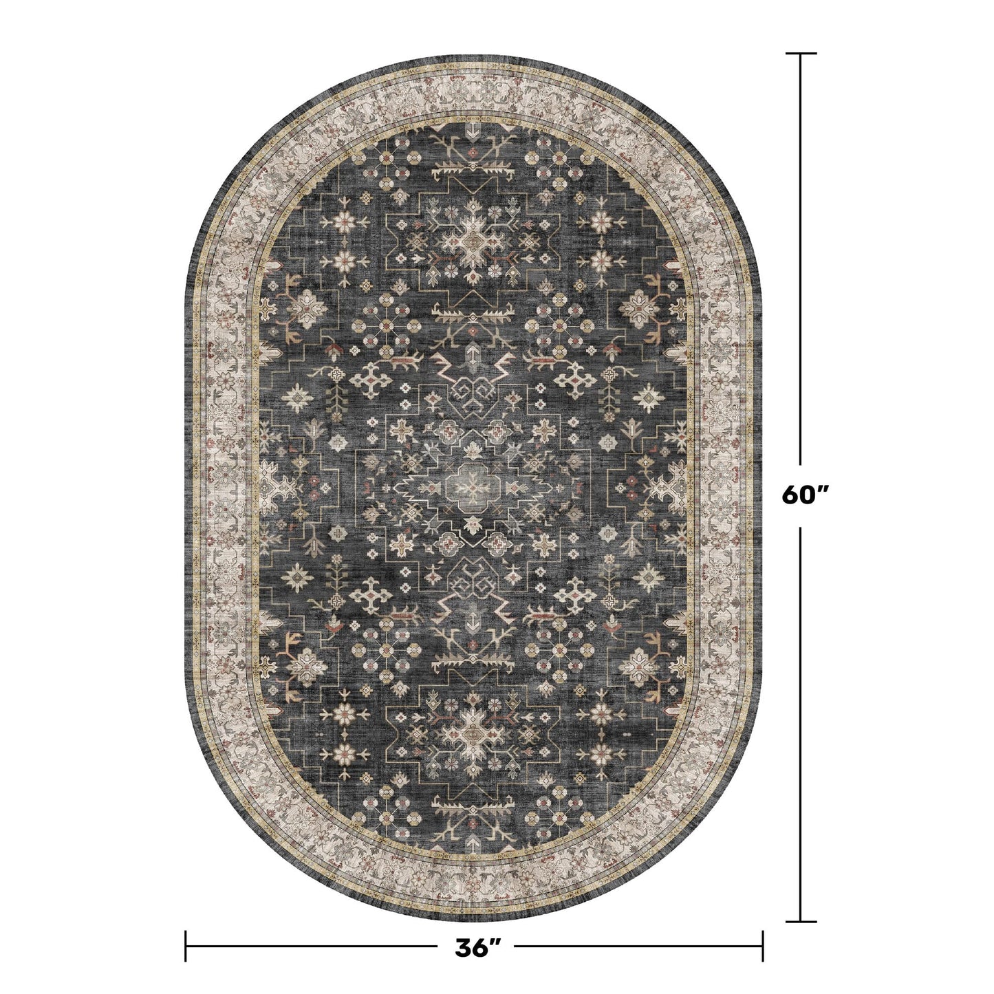 Washable Small Oval Rug 3x5 for Entryway, Black Boho Oval Area Rug for Kitchen, Bedroom Bedside, Mudroom, Modern Moody Low Pile Carpet for Bathroom, Laundry Room, Throw Rug Indoor Non-Slip