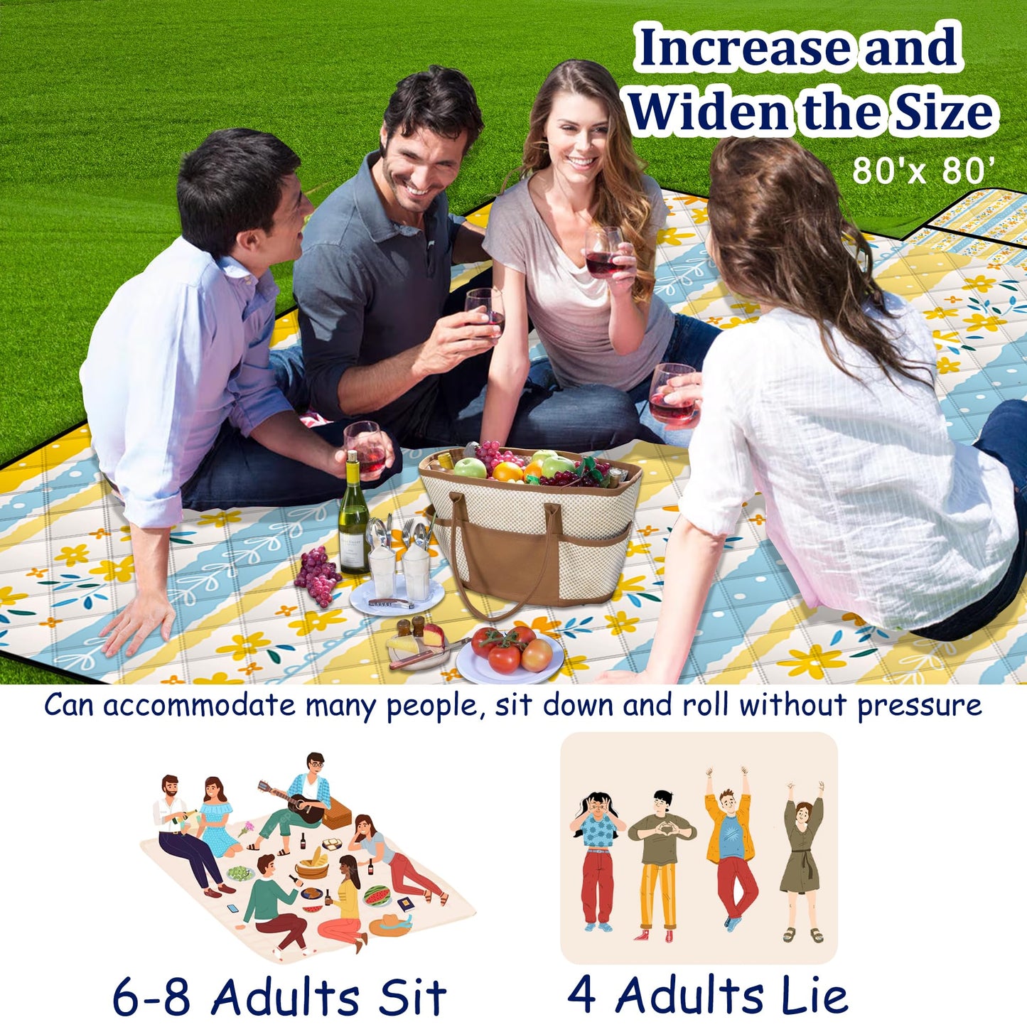 Extra Large Picnic Blanket Waterproof,80"x 80"Foldable Machine Washable Beach Blanket,Outdoor Blanket for 6-8 Adults,Suitable for Indoor Crawling,Park Beach,Camping,Hiking,Family Travel(Floral Print)