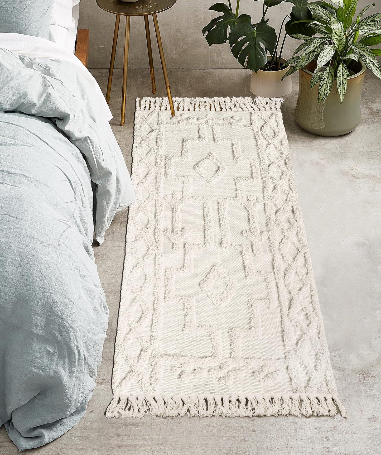 Uphome Boho Bathroom Runner Rug 2' x 4.3', Washable Woven Cotton Bedroom Rug Runners, Beige Aesthetic Tufted Entryway Runner Rugs, Bohemian Tribal Throw Rugs for Bedside Living Room Laundry Kitchen