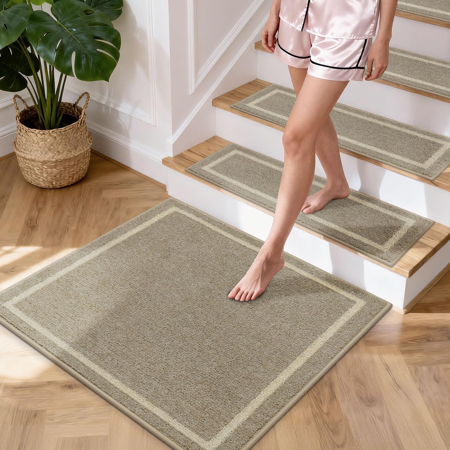 COSY HOMEER Stair Landing Rug 30x30 Inch, Non-Slip Square Landing Mat for Wood Steps Indoor, Washable Polyester with TPE Backing, Beige