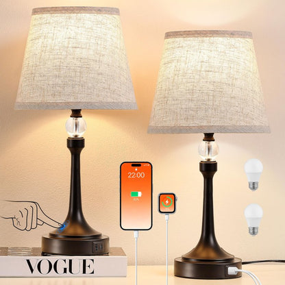Leasgy Touch Table Lamp Set of 2 with USB C+A Ports-Black 19.7''