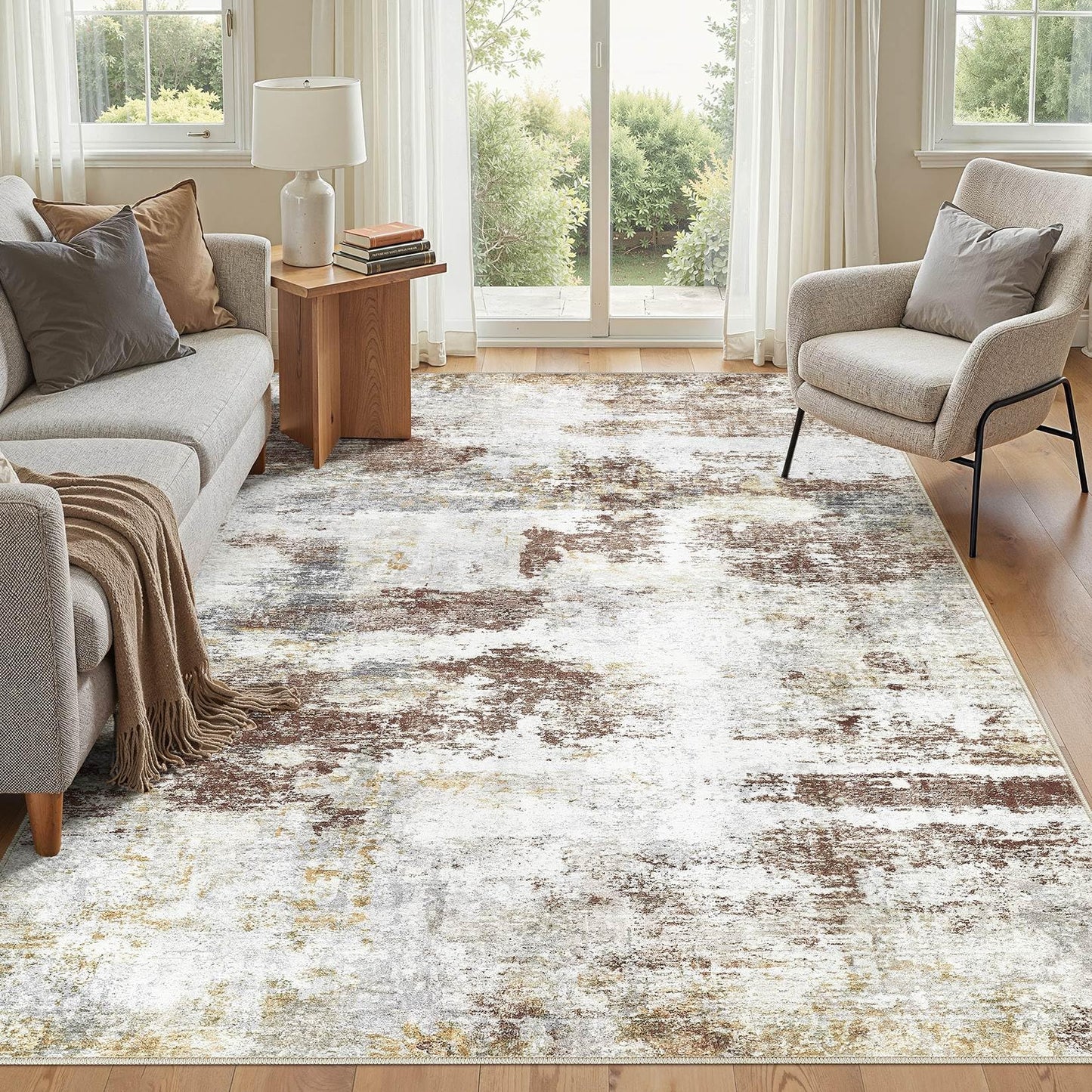 10x12 Area Rugs for Living Room - Washable Neutral Modern Abstract Rug Soft Non-Slip Stain Resistant Carpet for Bedroom Dining Table Nursery Farmhouse Home Office Decor- Redbrown