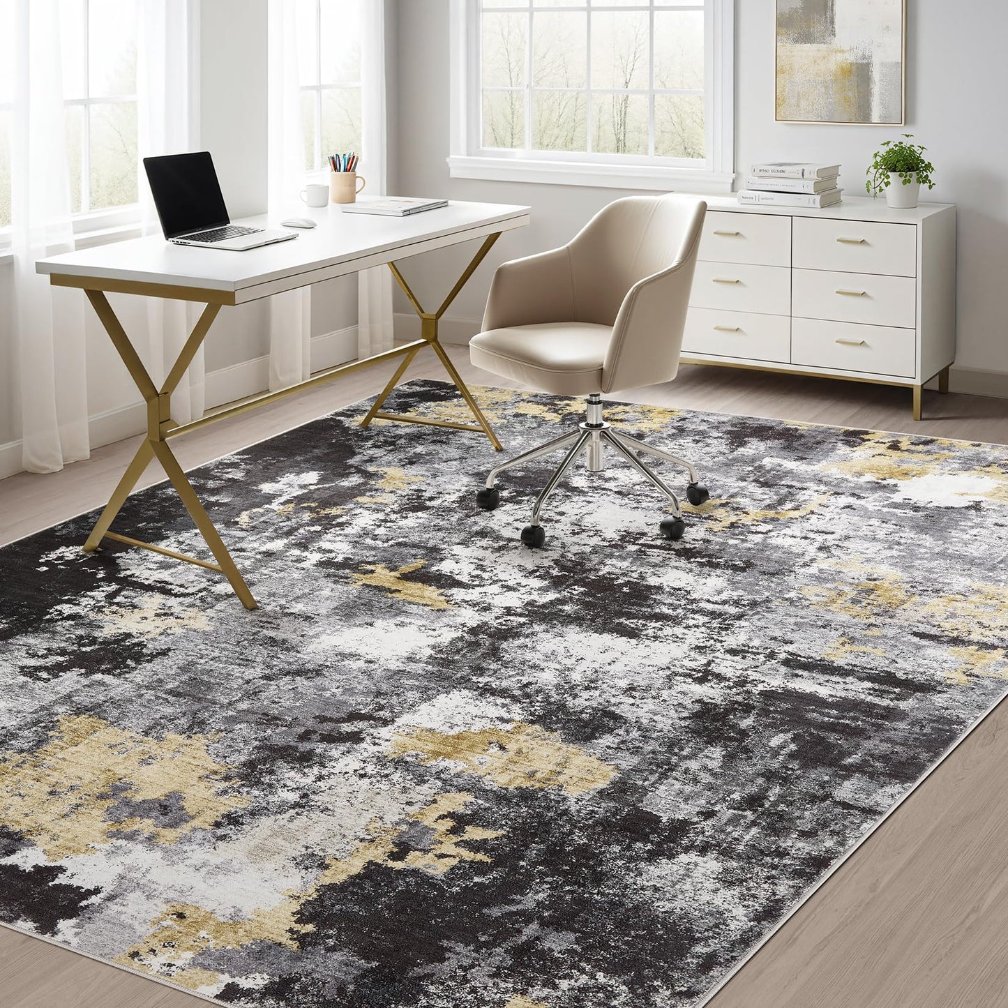 TARANCH Abstract 11x14 Area Rug: Machine Washable Non Slip Ultra Thin Low-Pile Carpet, Soft Stain Resistant for Living Dining Room Bedroom, Kid Pet Friendly, Robot Vacuum Compatible - Black Gold