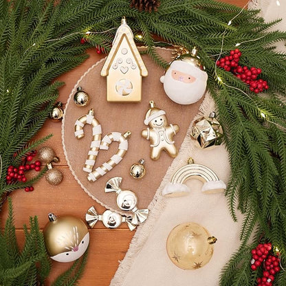 Alupssuc 65pcs Christmas Balls Ornaments Set, Shatterproof Plastic Baubles Gingerbread House, and Tree Topper for Xmas Tree Holiday Wedding Party Decorations with Hanging Strings, Gold & White