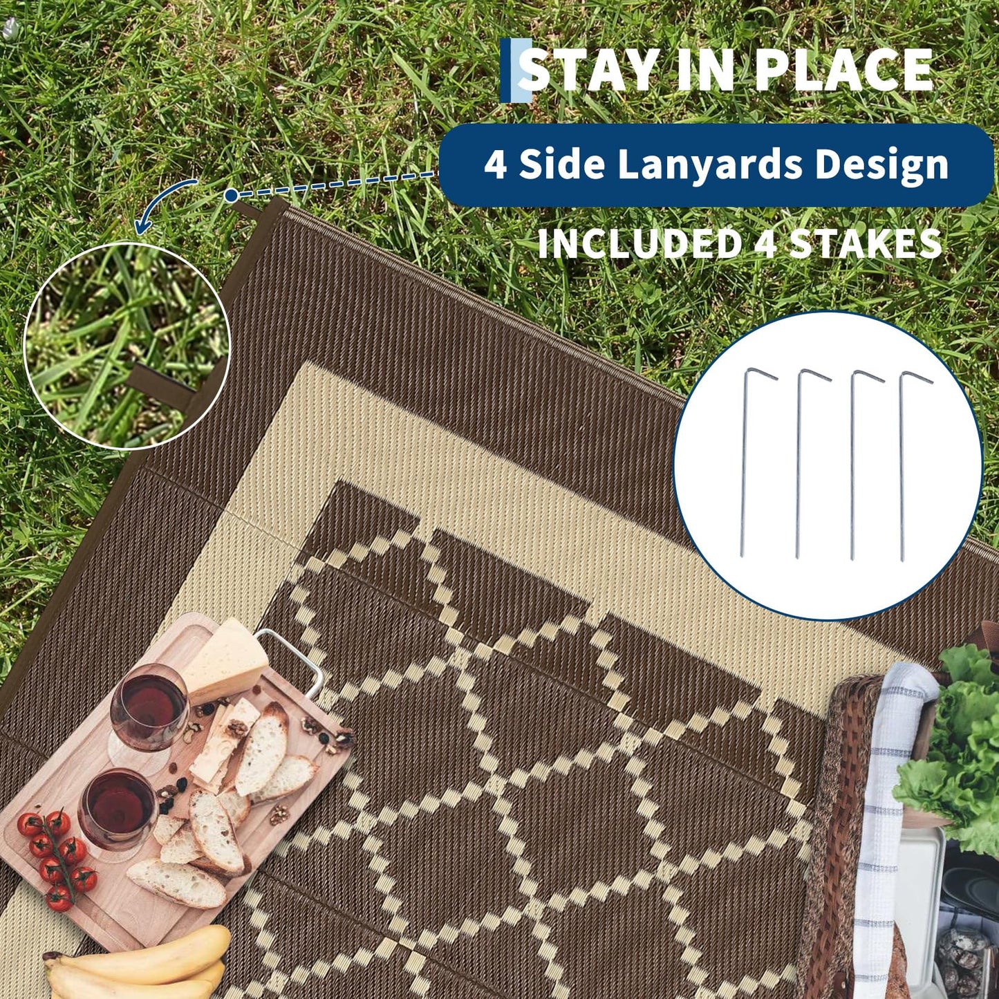 Garvee Patio Rugs Outdoor 9x18 Plastic Straw Rug Modern Reversible Camping Carpet, Waterproof Bordered Outdoor Mat with 4 Stakes and Storage Bag for RV, Picnic, Backyard, Deck, Balcony, Porch, Beach