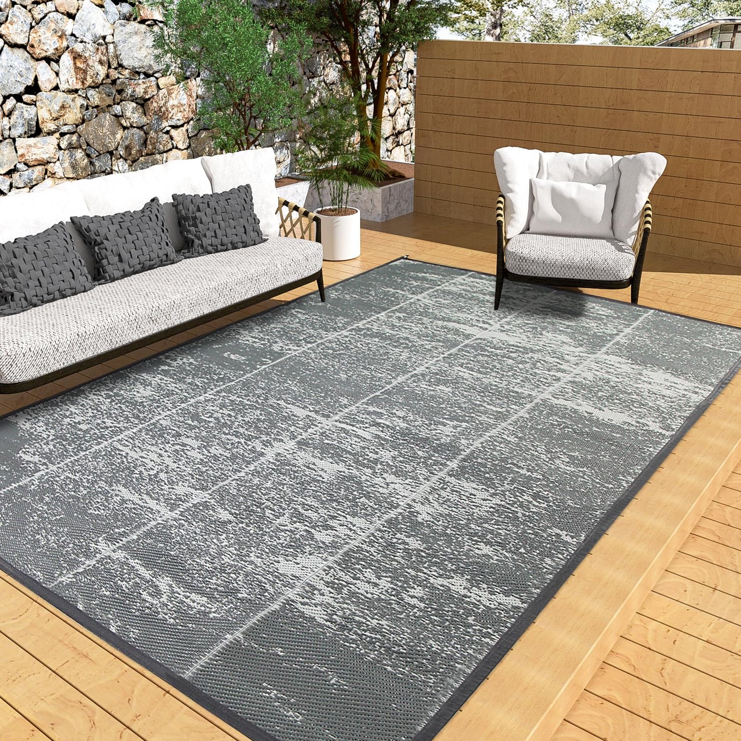 5'x 8' Outdoor Rug,Waterproof Reversible Patio Rugs,5x8 ft Plastic Straw Outdoor Carpet Foldable Plastic Camping Mat for Outside RV, Patio,Picnic,Camper,Balcony,Porch(5 x 8,Deep Gray)