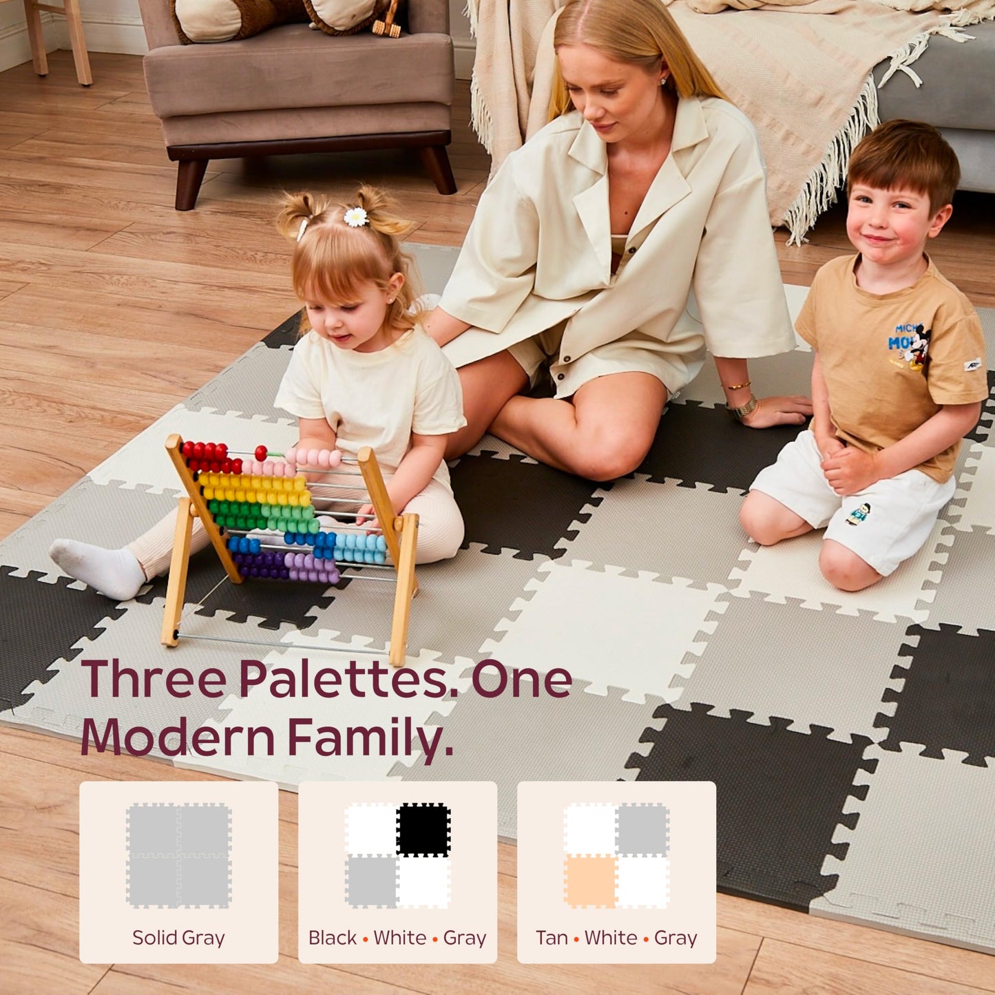 Foam Play Mat for Floor - 12 Interlocking Tiles 35x47 in, 0.6" Thick Puzzle Mat for Baby, Toddler & Home Gym, Cross-Texture EVA Foam, Edge Borders Included, Black White Gray