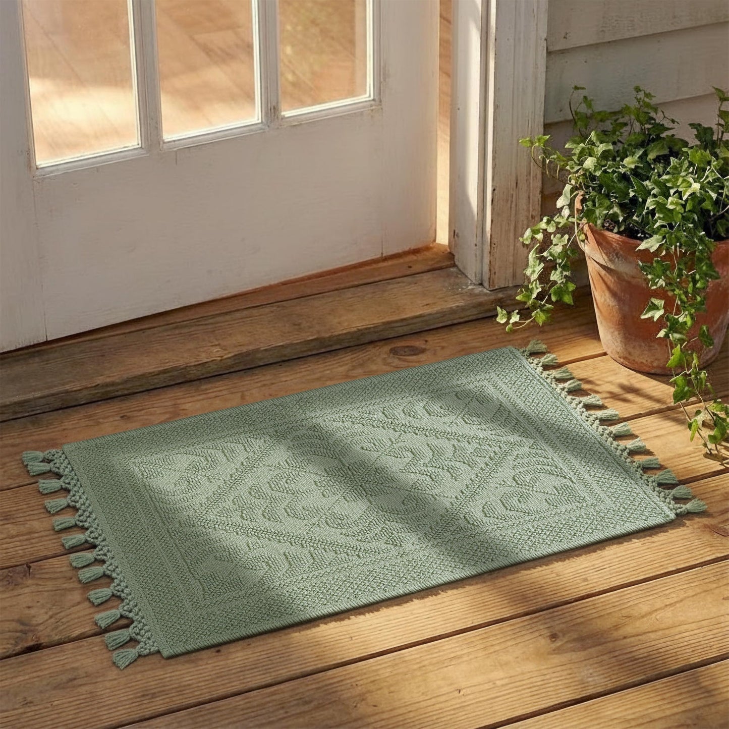 Savi Home Cotton Woven Jacquard Bathroom Rug Set of 2, Woven Fringe Bathroom Mats, 100% Cotton, Non - Slip Bath Mat, Durable Thick Bath Mat 17”x30”+ 20"x38" with Fringes, Sage Green