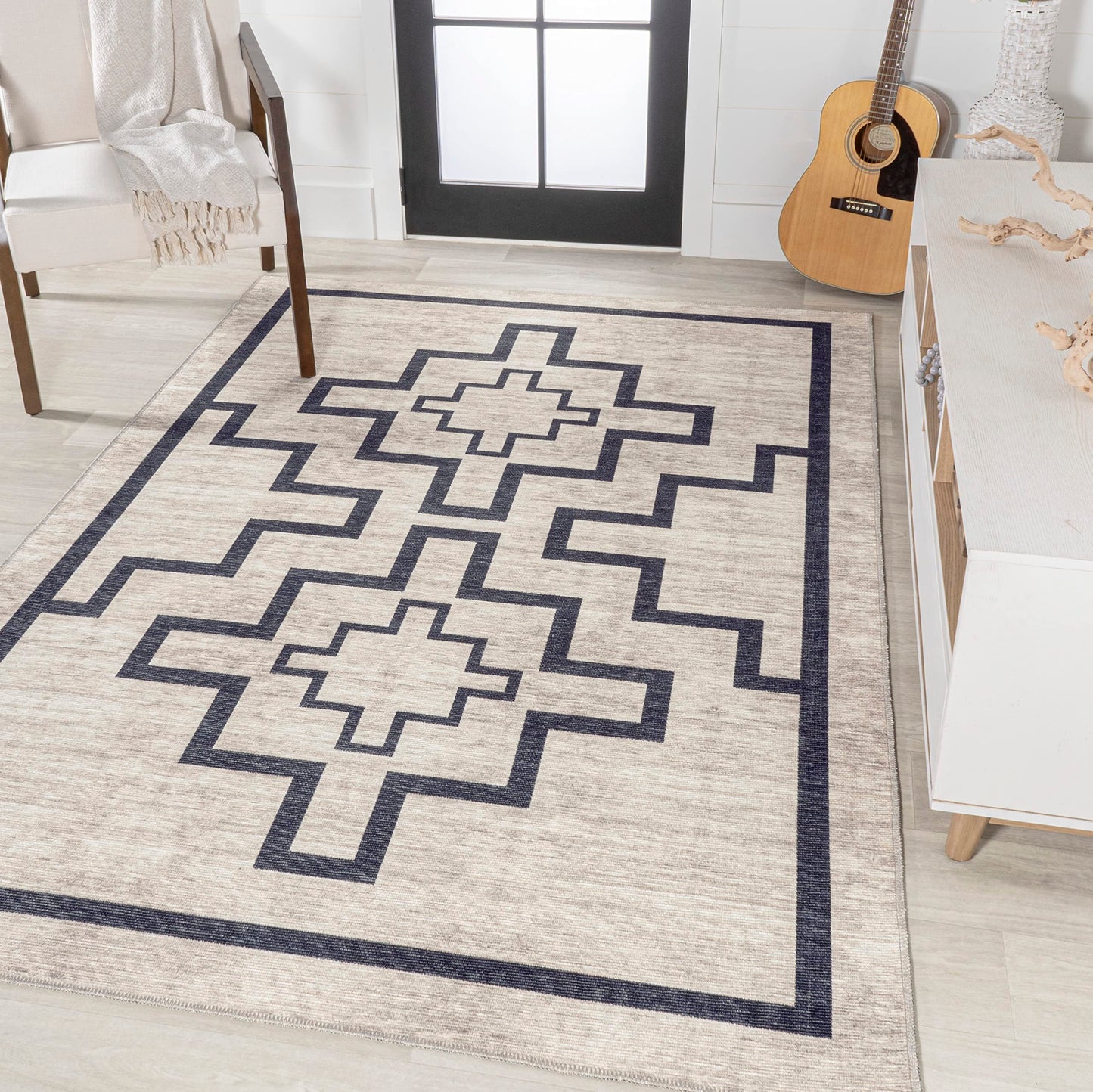JONATHAN Y Machine Washable Indoor Area Rug 3X5 Ivory/Dark Gray, Ashkii Minimalist Medallion for Living Room, Bedroom, Kitchen, Office, Easy-Cleaning, Pet-Friendly, Non-Shedding WSH115A-3