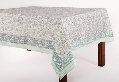 ATOSII Aster Blue 100% Cotton Rectangle Boho Fall Tablecloth, Handblock Floral Table Cloth Linen for Kitchen Dining I Parties Wedding Outdoors Christmas Thanksgiving I 72 X 120 Inches I 10 Seater