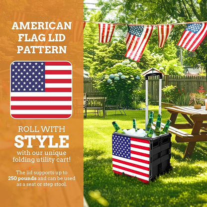Inspired Living Collapsible Ultra-Slim Pack-N-Roll,2 Wheel Utility Cart w/Lid Used as Seat up to 250 Lbs, Telescopic Handle, Super Strong, for Home,Garden,Shopping,Office,School, Large, American Flag