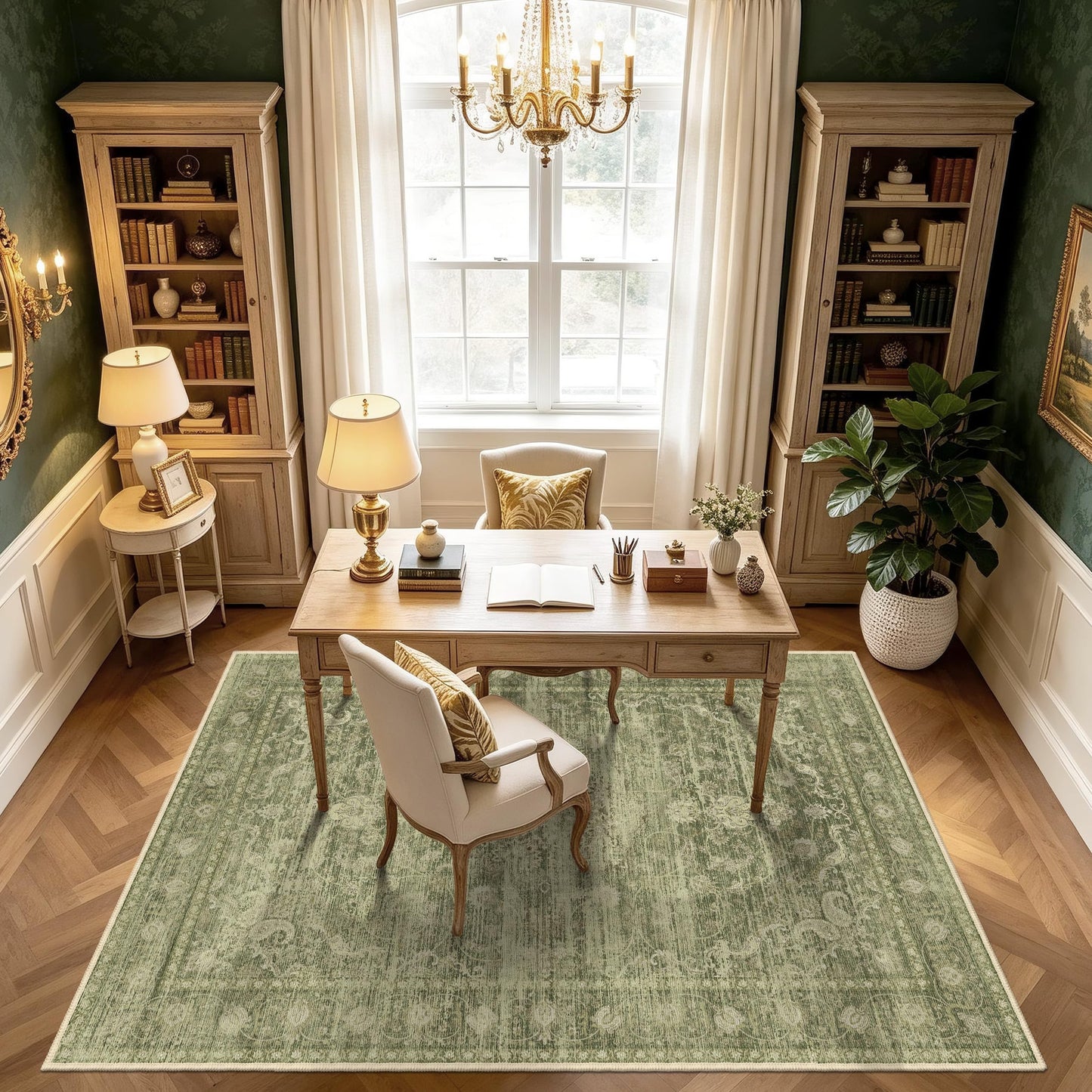 TTelephant Washable Rugs 5x7, Vintage Medallion Carpet for Bedroom, Living Room and Dining Room, Low Pile Sage Green Rug with Non-Slip Silicone Backing, Non-Shedding Stain Resistant