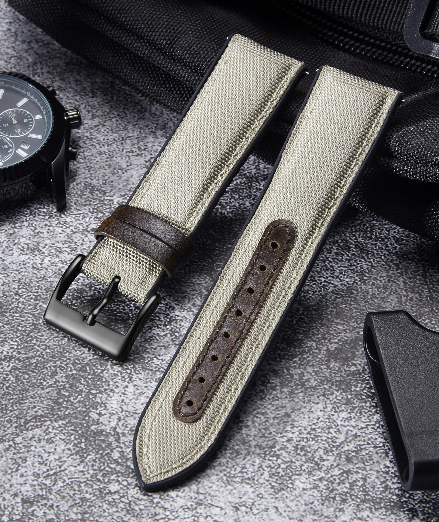 BINLUN Nylon Silicone Watch Bands 18mm 19mm 20mm 21mm 22mm Quick Release Canvas Rubber Hybrid Watch Strap Replacement Watchband for Men Women 9 Colors Silver/Black Buckle(Khaki-Black,20mm)