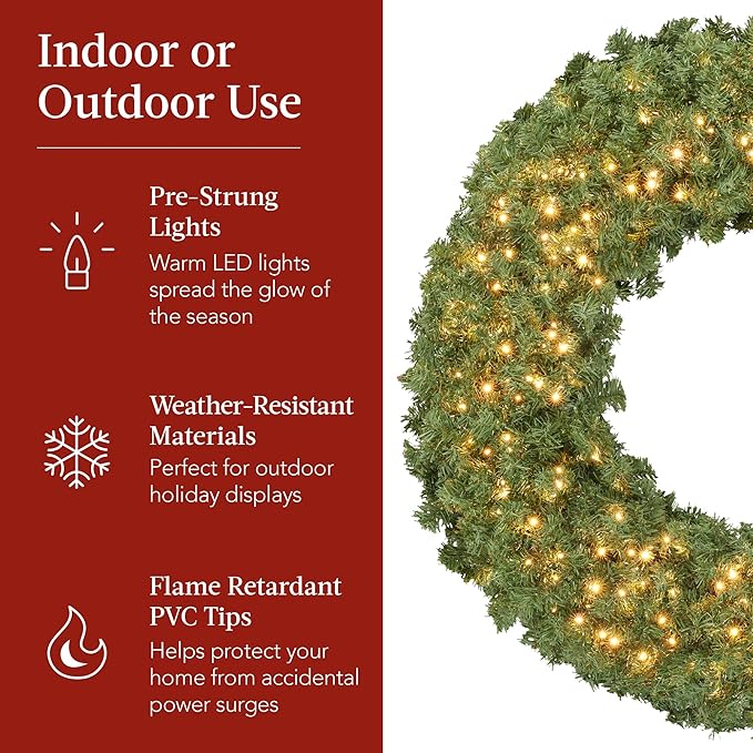 Best Choice Products 48in Large Artificial Pre-Lit Fir Christmas Wreath Holiday Accent Decoration for Door, Mantel w/Red Lighted Bow, 250 LED Lights, 714 PVC Tips, Power Plug-in