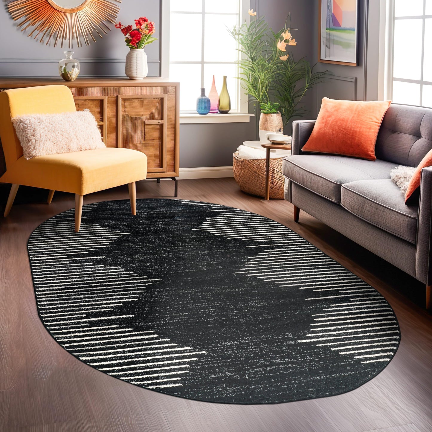 Rugshop Bohemian Stripe Stain Resistant High Traffic Living Room Kitchen Bedroom Dining Home Office Oval Area Rug 5' x 7' Black