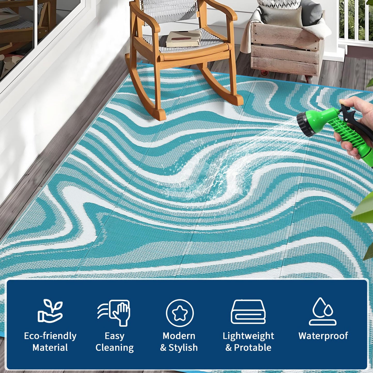 Garvee Large Modern Outdoor Rug 9x12 Patio Rugs Outdoor Waterproof Reversible Plastic Straw Camping Rug, Abstract Outside Rugs for Picnic Backyard Deck Balcony Porch Beach Trailer, Light Blue