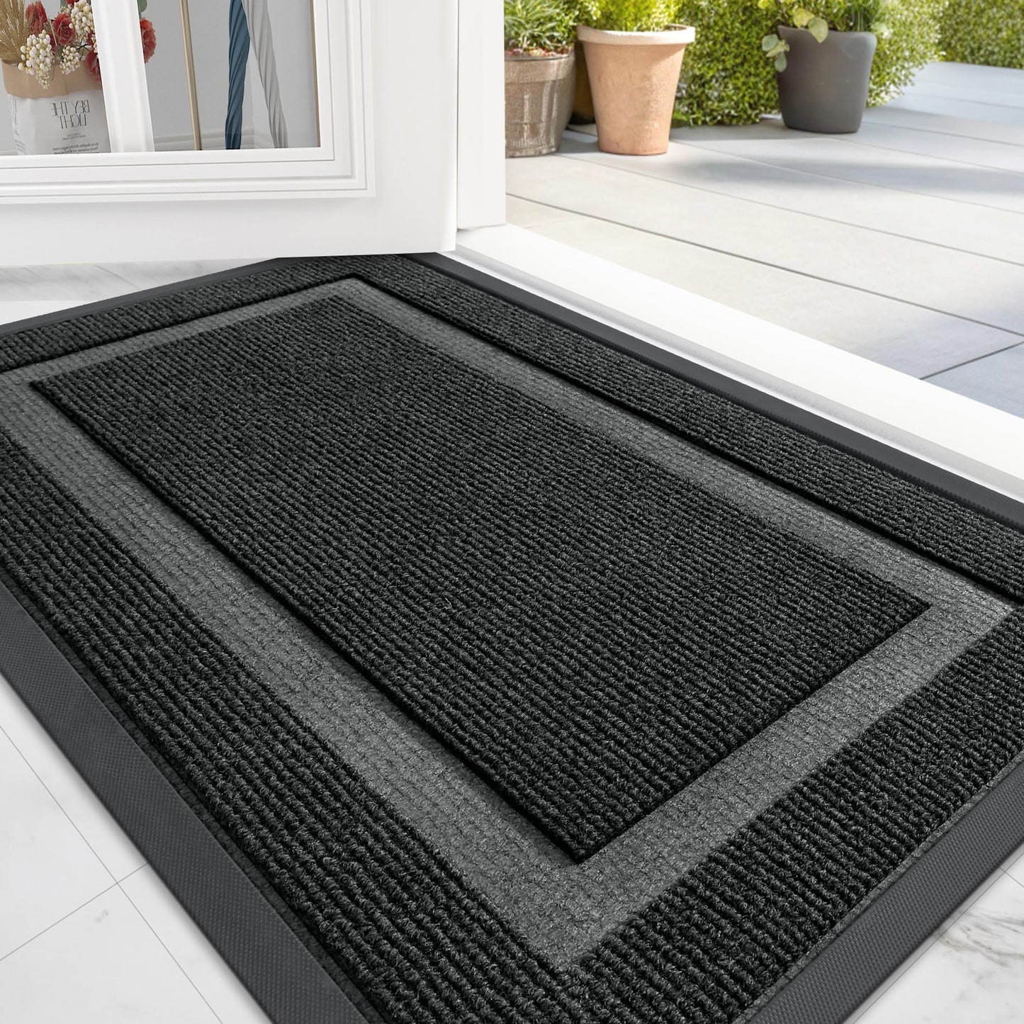 OLANLY Front Door Mat Indoor Outdoor Entrance, Welcome Door Mat and Waterproof All-Weather All-Season Doormat Size 47x32 in Black, 2 Item Bundle